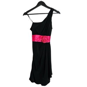 City Studio One Shoulder Black Dress Y2K Pink Satin Sash Size Small